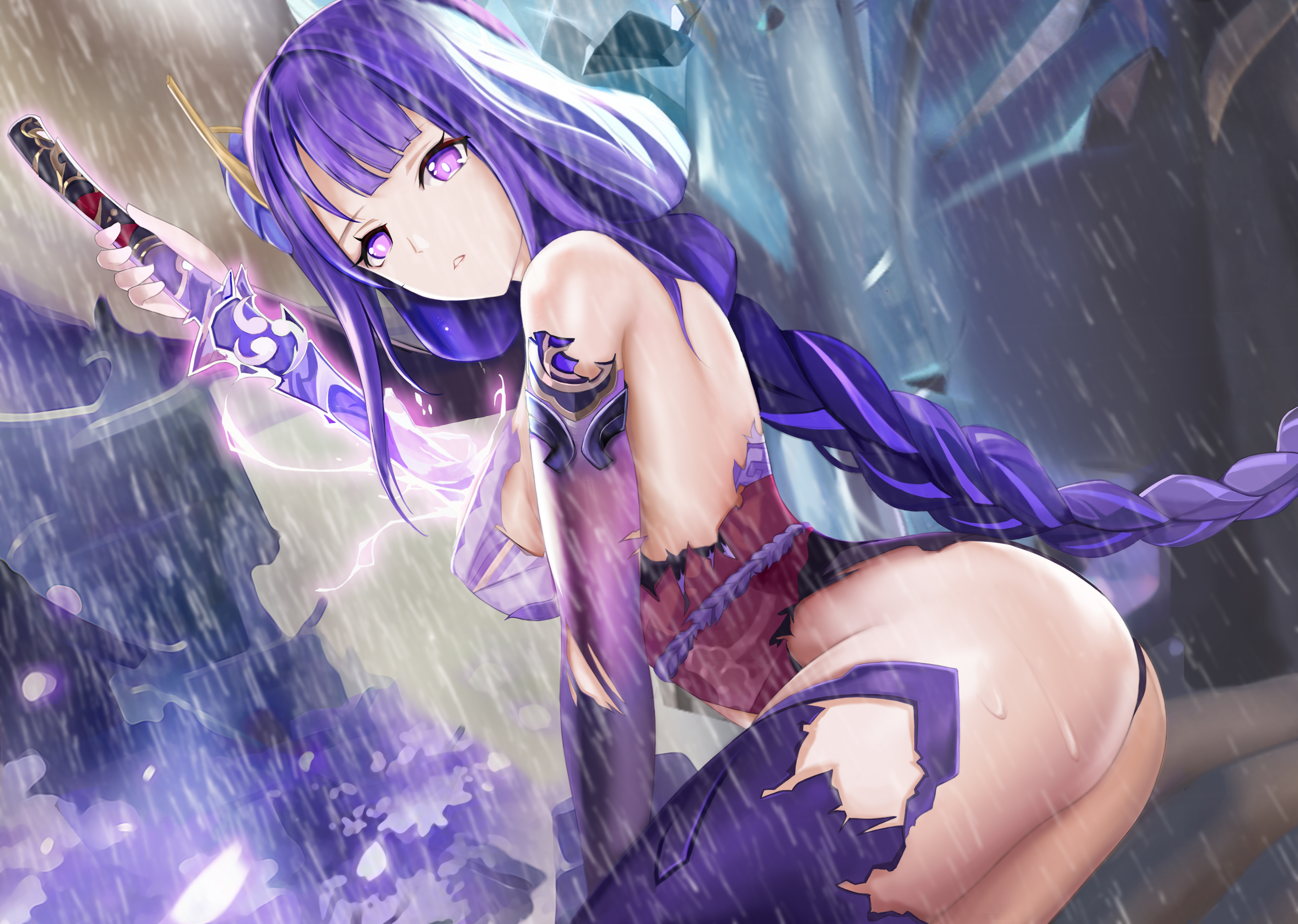 kokanoko, raiden shogun, genshin impact, absurdres, commentary request, highres, 1girl, ass, back, blurry, blurry background, braid, breasts, cleavage, detached sleeves, drawing sword, electricity, glowing, glowing sword, glowing weapon, holding, holding sword, holding weapon, human scabbard, japanese clothes, katana, kimono, large breasts, long hair, looking at viewer, looking to the side, low-braided long hair, low-tied long hair, mitsudomoe (shape), musou isshin (genshin impact), obi, obijime, outdoors, parted lips, purple eyes, purple hair, purple kimono, purple thighhighs, rain, sash, sitting, solo, sword, thighhighs, tomoe (symbol), torn clothes, torn sleeves, torn thighhighs, very long hair, weapon