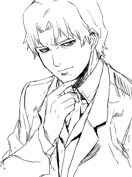ashiomi masato, november 11 (darker than black), darker than black, 00s, 1boy, formal clothes, greyscale, hand on own chin, lineart, male focus, monochrome, portrait, simple background, solo, stroking own chin, suit, upper body, white background