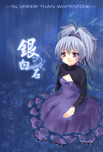 tian shi meng mo, yin (darker than black), darker than black, silver hair, lowres, 00s, 1girl, blue theme, dress, english text, engrish text, female focus, ponytail, purple dress, purple eyes, rain, ranguage, ribbon, solo, tears, water, wet