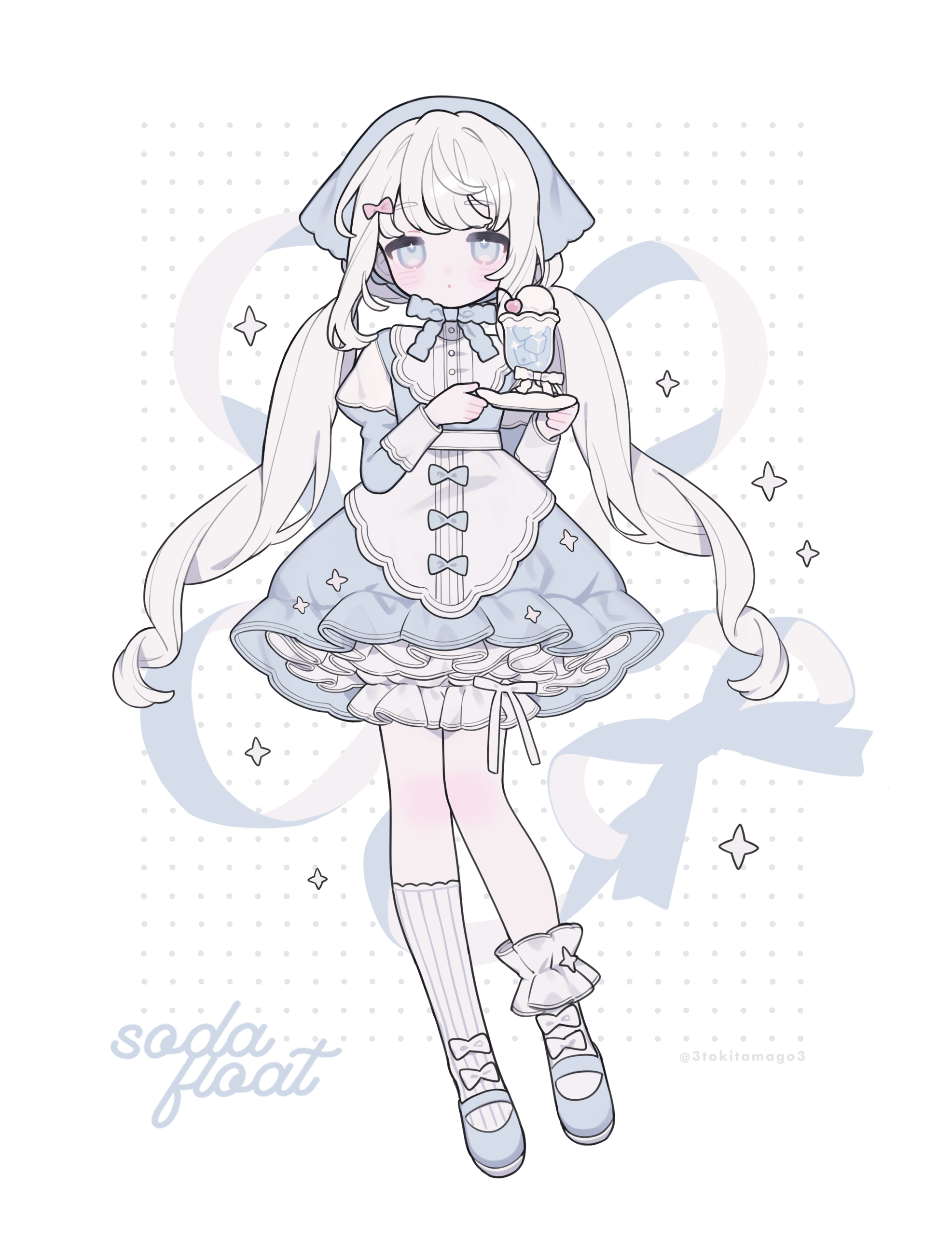 original, absurdres, commentary, highres, symbol-only commentary, 1girl, asymmetrical legwear, blue dress, blue eyes, blue headscarf, blue shoes, blush, bow, bow legwear, closed mouth, cup, dress, drinking glass, food, frilled socks, frills, full body, headscarf, holding, holding plate, ice cream, ice cream float, juliet sleeves, kneehighs, long hair, long sleeves, looking at viewer, low twintails, plate, puffy sleeves, shoes, simple background, single kneehigh, single sock, socks, solo, standing, tokareta tamago, twintails, twitter username, uneven legwear, white background, white bow, white hair, white socks