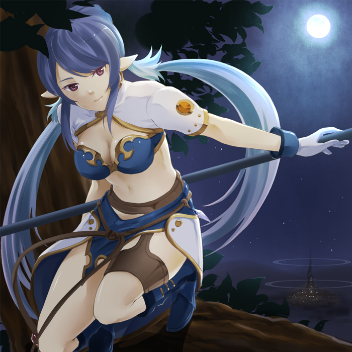 towa (pixiv), judith (tales), tales of (series), tales of vesperia, bad id, bad pixiv id, 00s, 1girl, armor, bikini armor, blue boots, blue hair, boots, breasts, cleavage, female focus, gloves, hair bun, in tree, knee boots, large breasts, long hair, midriff, moon, night, pointy ears, polearm, red eyes, single hair bun, sky, smile, solo, squatting, star (sky), star (symbol), starry sky, tree, twintails, weapon, white gloves