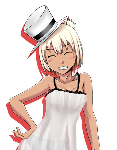 sugamo, 1girl, animal ears, blush, chemise, closed eyes, dark-skinned female, dark skin, female focus, grin, hat, lingerie, see-through clothes, smile, solo, top hat, underwear