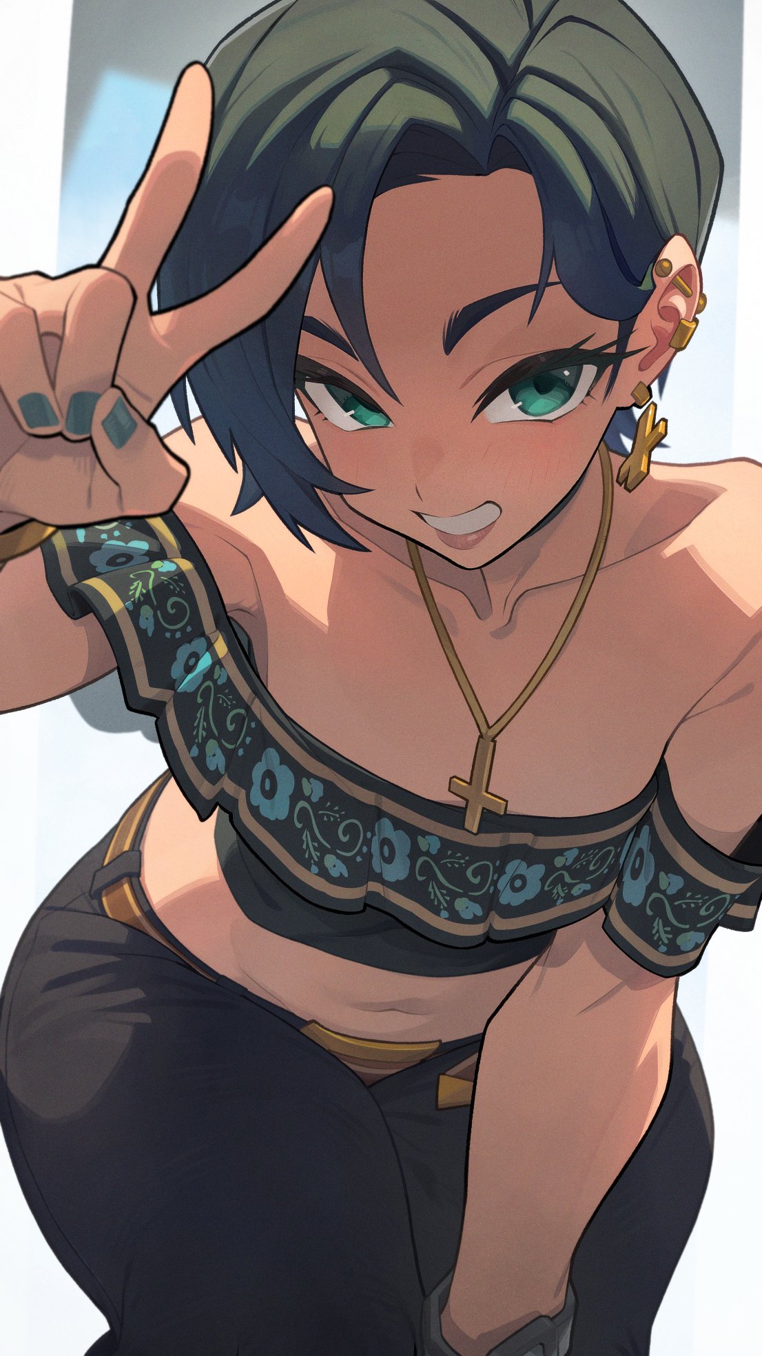 hata4564, original, highres, 1girl, barbell piercing, belt, black pants, brown belt, collarbone, cross, cross earrings, cross necklace, ear piercing, earrings, flat chest, floral print shirt, green eyes, green hair, green nails, grin, industrial piercing, jewelry, latin cross, leaning forward, looking at viewer, midriff, nail polish, necklace, off-shoulder shirt, off shoulder, pants, parted bangs, piercing, shirt, short hair, side part, smile, solo, v