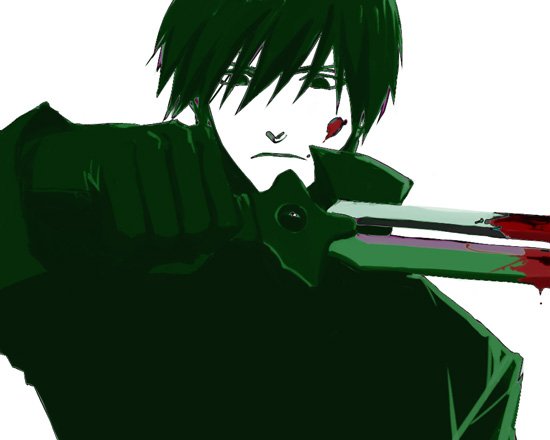 hei (darker than black), darker than black, bad id, bad pixiv id, 00s, 1boy, blood, green theme, knife, male focus, partially colored, simple background, solo, upper body, white background