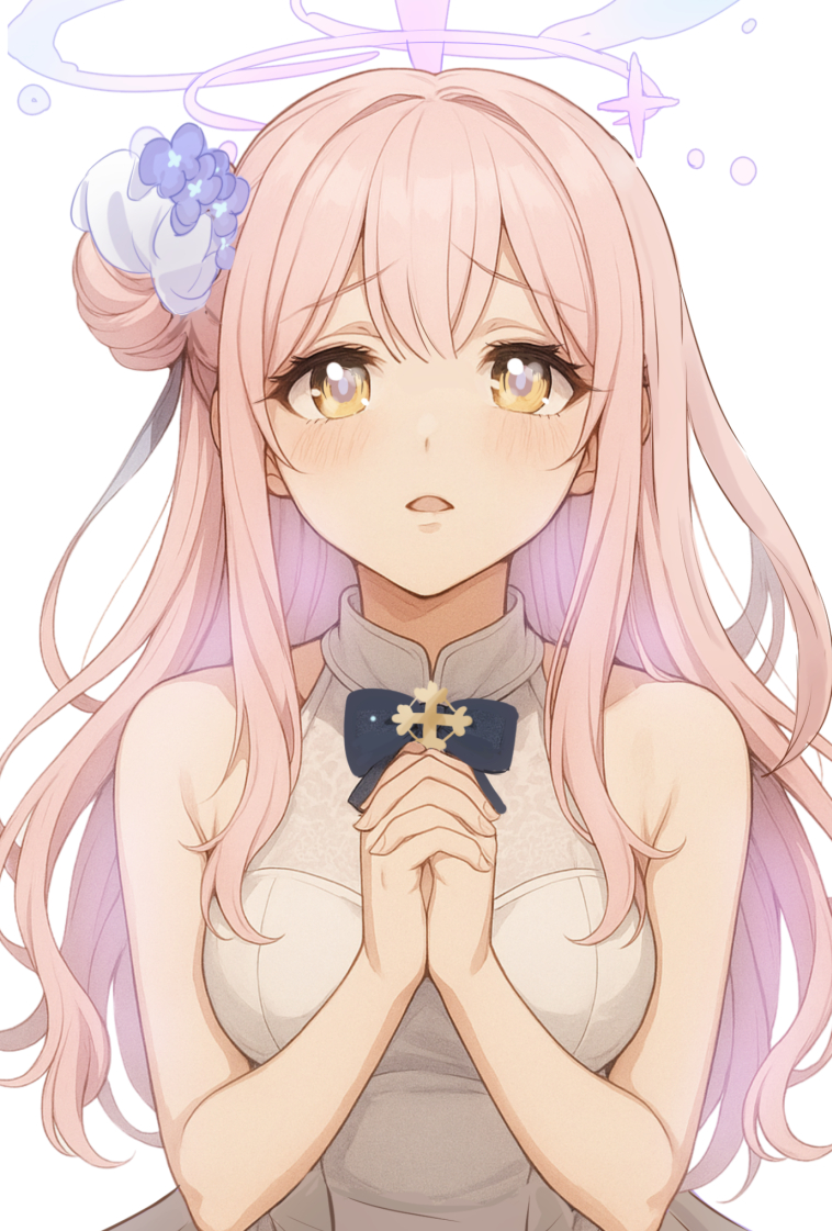 teina, mika (blue archive), blue archive, commentary request, 1girl, blue bow, blush, bow, breasts, dress, flower, hair flower, hair ornament, halo, long hair, medium breasts, open mouth, own hands together, pink hair, pink halo, simple background, sleeveless, sleeveless dress, solo, upper body, white background, yellow eyes
