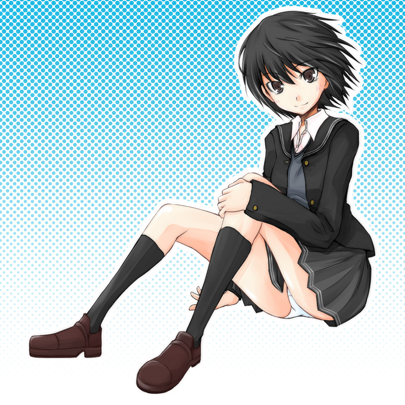 zanku, nanasaki ai, amagami, 1girl, black eyes, black hair, female focus, kneehighs, panties, school uniform, socks, solo, underwear, vest