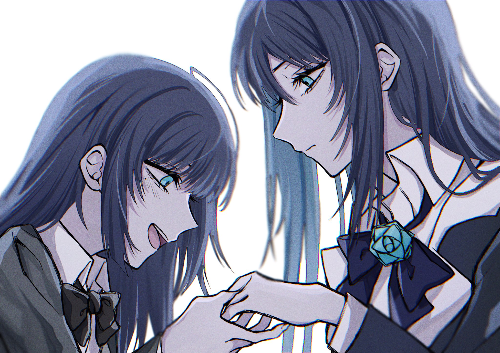 oyashirazu (adochan daisuki), chando (ado), ado (utaite), commentary request, highres, 2girls, aegyo sal, black bow, black bowtie, black hair, blue eyes, blue hair, bow, bowtie, dual persona, gloves, long hair, mole, mole under eye, multiple girls, open mouth, sidelocks, simple background, teeth, upper teeth only, utaite, white background, white gloves