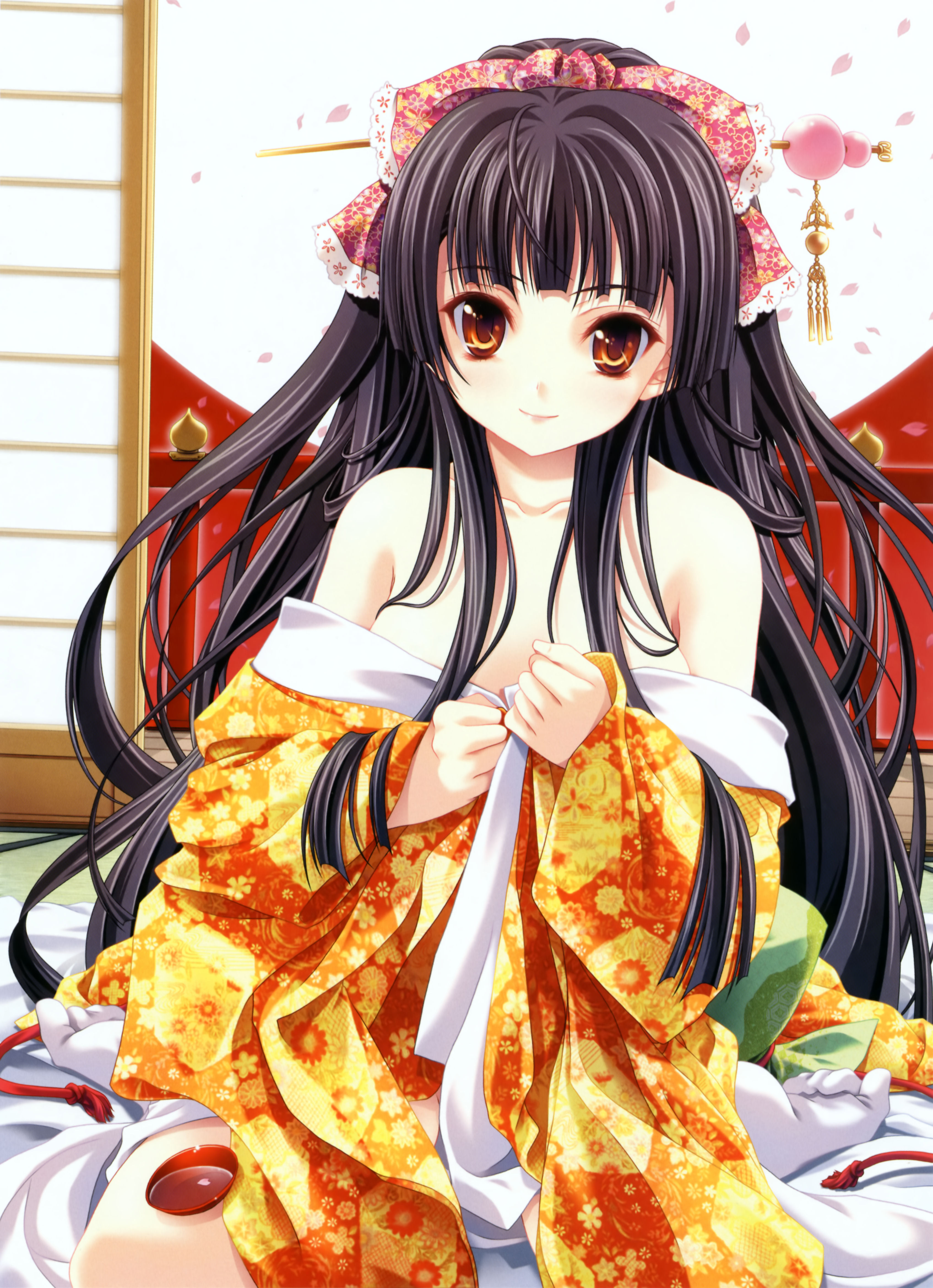 miyama-zero, absurdres, highres, 1girl, black hair, feet, female focus, hair ornament, japanese clothes, kimono, long hair, no shoes, orange eyes, petals, red eyes, smile, socks, solo, very long hair