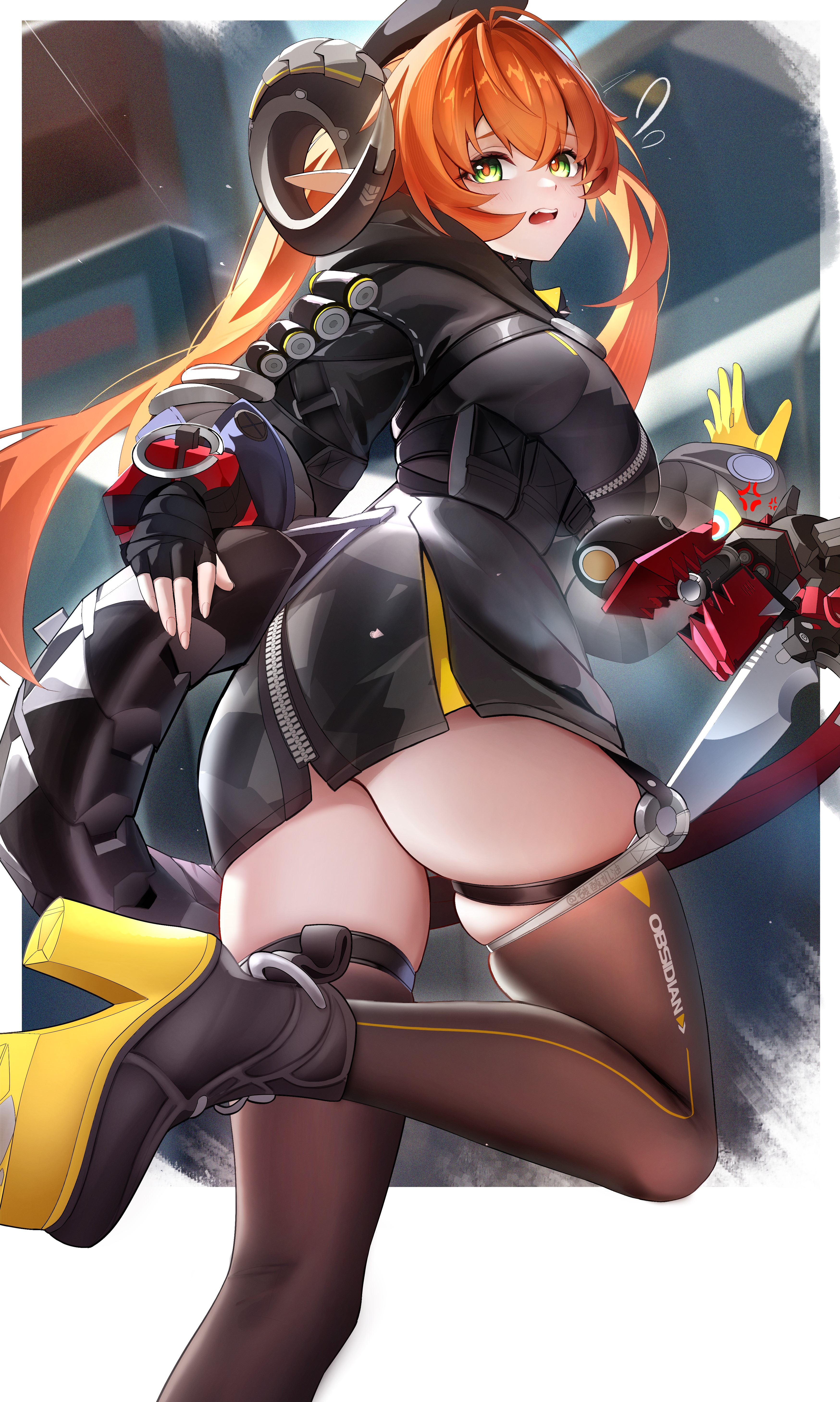 ushiko xiansheng, magus (zenless zone zero), orphie magnusson, zenless zone zero, absurdres, commentary, highres, 1girl, anger vein, antenna hair, asymmetrical gloves, black hoodie, black horns, black thighhighs, block heels, boots, border, breasts, crossed bangs, curled horns, dragon girl, dragon horns, dragon tail, fang, fingerless gloves, flying sweatdrops, from behind, gloves, green eyes, hair between eyes, hair intakes, high heel boots, high heels, hood, hoodie, horns, inset border, leg up, light blush, long hair, long sleeves, looking ahead, mechanical horns, mechanical tail, medium breasts, mismatched gloves, open mouth, orange hair, orange pupils, platform boots, pointy ears, sidelocks, single fingerless glove, solo, standing, standing on one leg, sweat, tail, teeth, thigh strap, thighhighs, thighs, two-sided gloves, upper teeth only, very long hair, white border, yellow gloves, yellow trim, zettai ryouiki, zipper