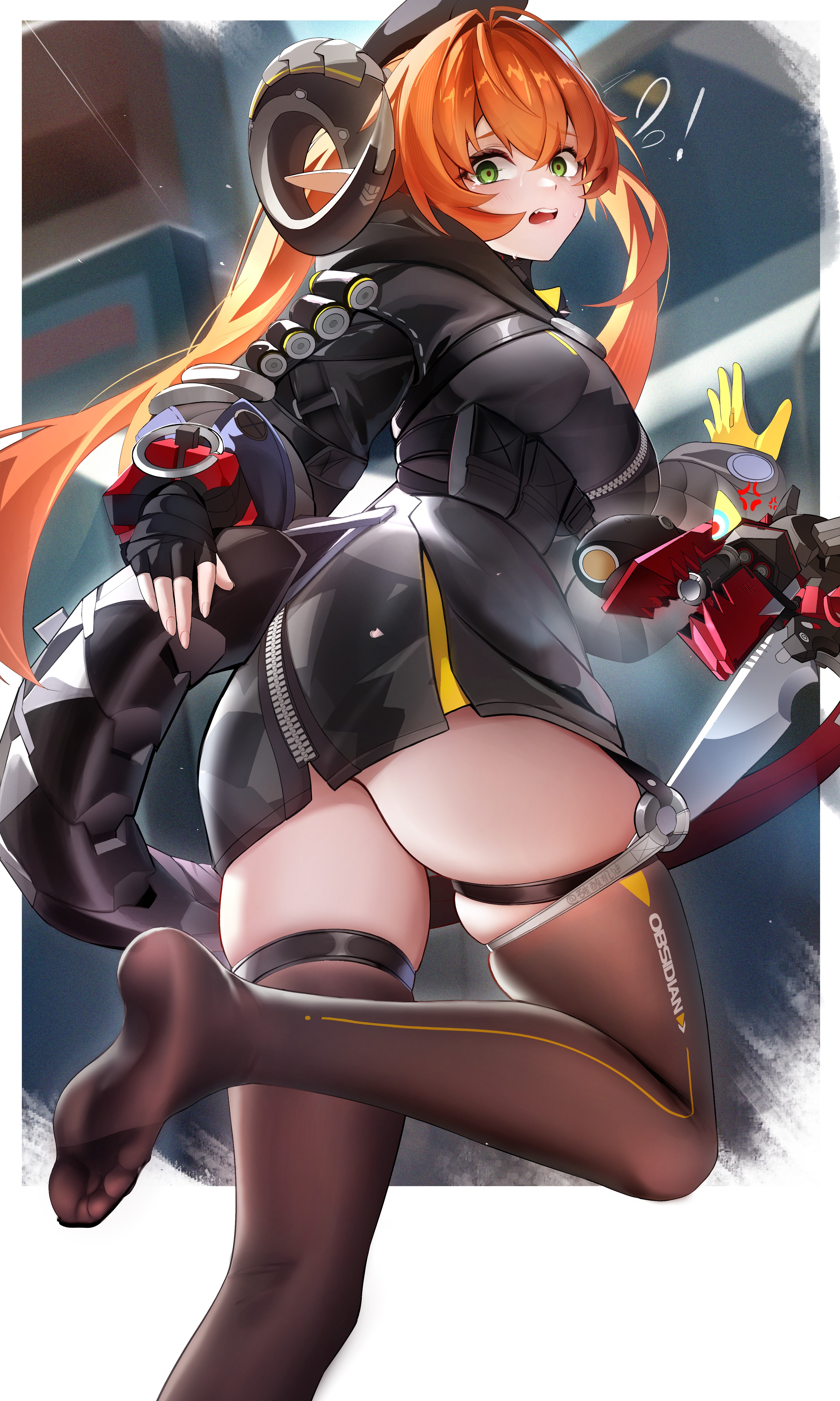 ushiko xiansheng, magus (zenless zone zero), orphie magnusson, zenless zone zero, absurdres, commentary, highres, !, 1girl, anger vein, antenna hair, asymmetrical gloves, black hoodie, black horns, black thighhighs, border, breasts, crossed bangs, curled horns, dragon girl, dragon horns, dragon tail, fang, feet, fingerless gloves, flying sweatdrops, from behind, gloves, green eyes, hair between eyes, hair intakes, hood, hoodie, horns, inset border, leg up, light blush, long hair, long sleeves, looking at viewer, mechanical horns, mechanical tail, medium breasts, mismatched gloves, open mouth, orange hair, orange pupils, pointy ears, sidelocks, single fingerless glove, soles, solo, standing, standing on one leg, sweat, tail, teeth, thigh strap, thighhighs, thighs, toes, two-sided gloves, upper teeth only, very long hair, white border, yellow gloves, yellow trim, zettai ryouiki, zipper