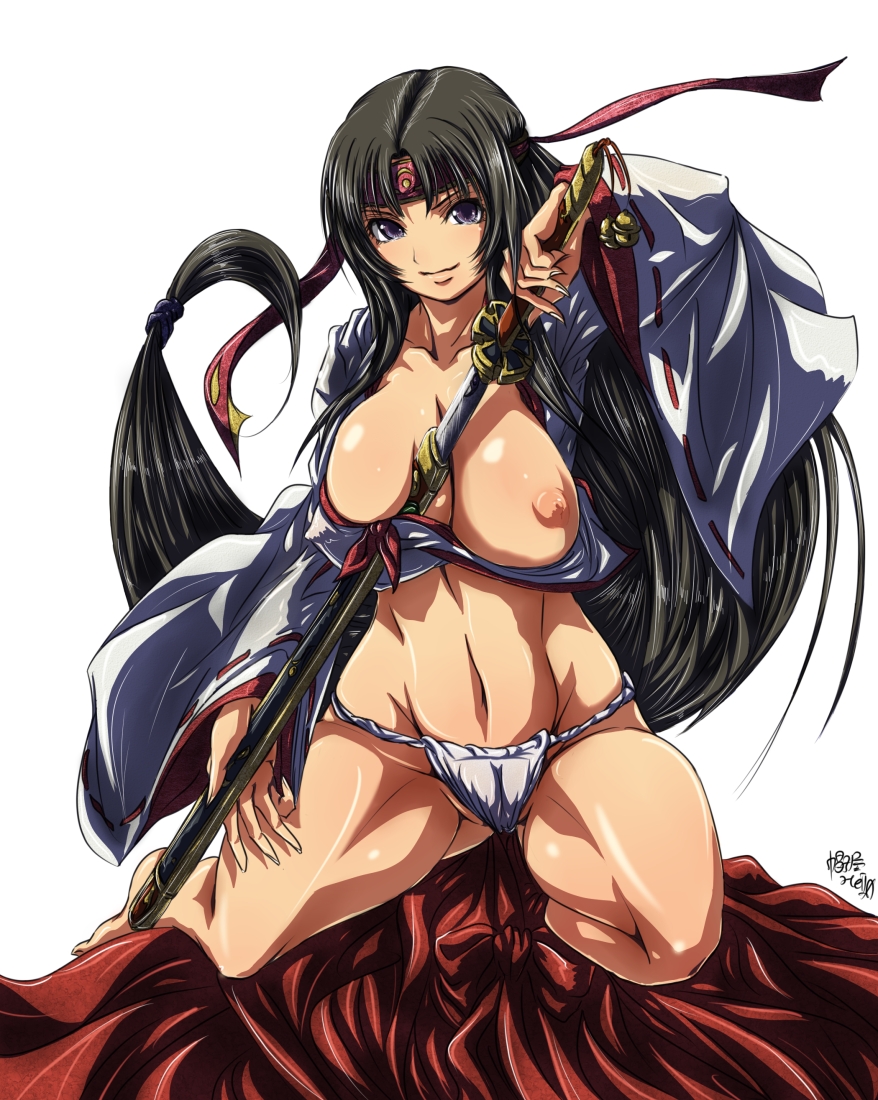 madhatter hello, musha miko tomoe, tomoe (queen's blade), queen's blade, bad id, bad pixiv id, 00s, 1girl, black hair, breast press, breasts, female focus, fingernails, fundoshi, headband, hip focus, huge breasts, japanese clothes, katana, long hair, low-tied long hair, nail (hardware), ponytail, purple eyes, sheath, solo, sword, thighs, undressing, unsheathing, weapon, wide hips