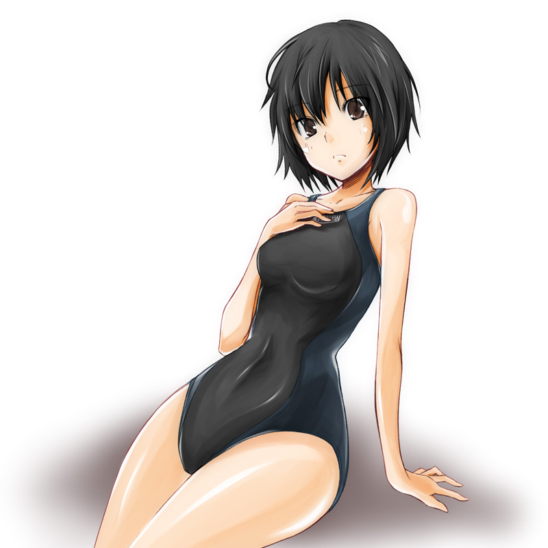 zanku, nanasaki ai, amagami, 1girl, arm support, black eyes, black hair, competition swimsuit, female focus, one-piece swimsuit, short hair, solo, swimsuit