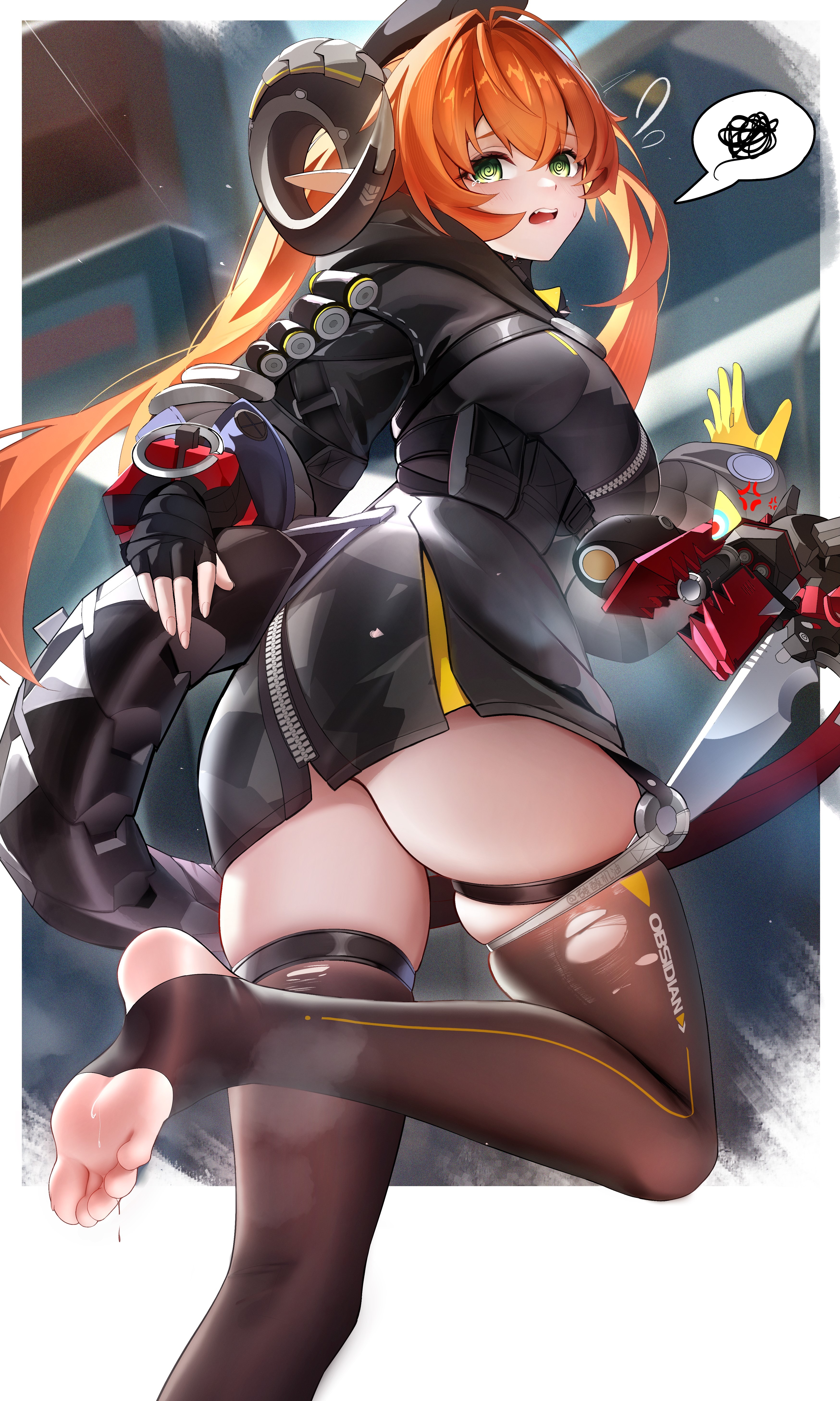 ushiko xiansheng, magus (zenless zone zero), orphie magnusson, zenless zone zero, absurdres, commentary, highres, 1girl, @ @, anger vein, antenna hair, asymmetrical gloves, black hoodie, black horns, black thighhighs, border, breasts, crossed bangs, curled horns, dragon girl, dragon horns, dragon tail, fang, feet, fingerless gloves, flying sweatdrops, from behind, gloves, green eyes, hair between eyes, hair intakes, hood, hoodie, horns, inset border, leg up, light blush, long hair, long sleeves, looking ahead, mechanical horns, mechanical tail, medium breasts, mismatched gloves, open mouth, orange hair, orange pupils, pointy ears, sidelocks, single fingerless glove, soles, solo, spoken squiggle, squiggle, standing, standing on one leg, steam, stirrup legwear, sweat, tail, teeth, thigh strap, thighhighs, thighs, toeless legwear, toes, two-sided gloves, upper teeth only, very long hair, white border, yellow gloves, yellow trim, zettai ryouiki, zipper