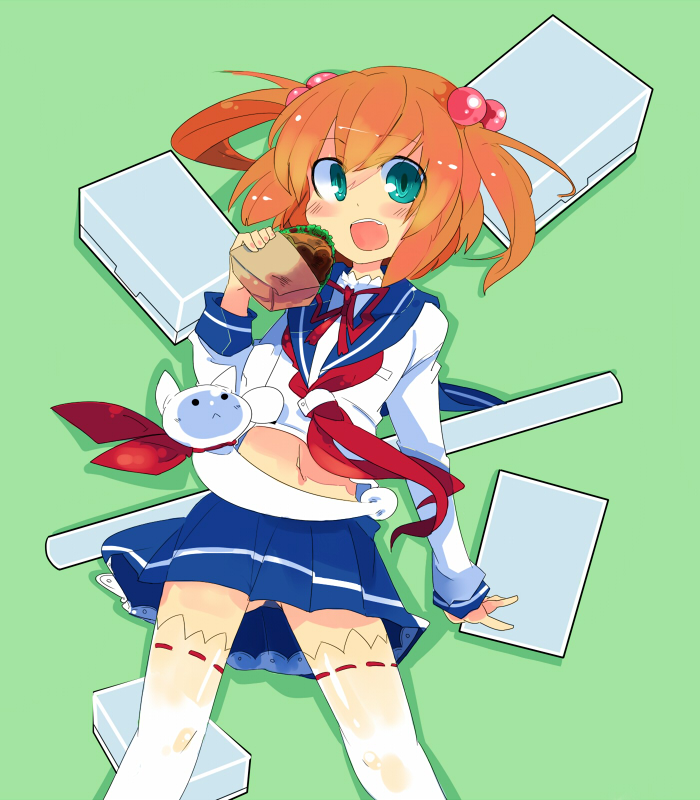 kanikama, kataoka yuuki, saki (manga), 00s, 1girl, blue eyes, blush, board game, female focus, hair bobbles, hair ornament, mahjong, red hair, school uniform, serafuku, solo, taco, tenbou, thighhighs, two side up