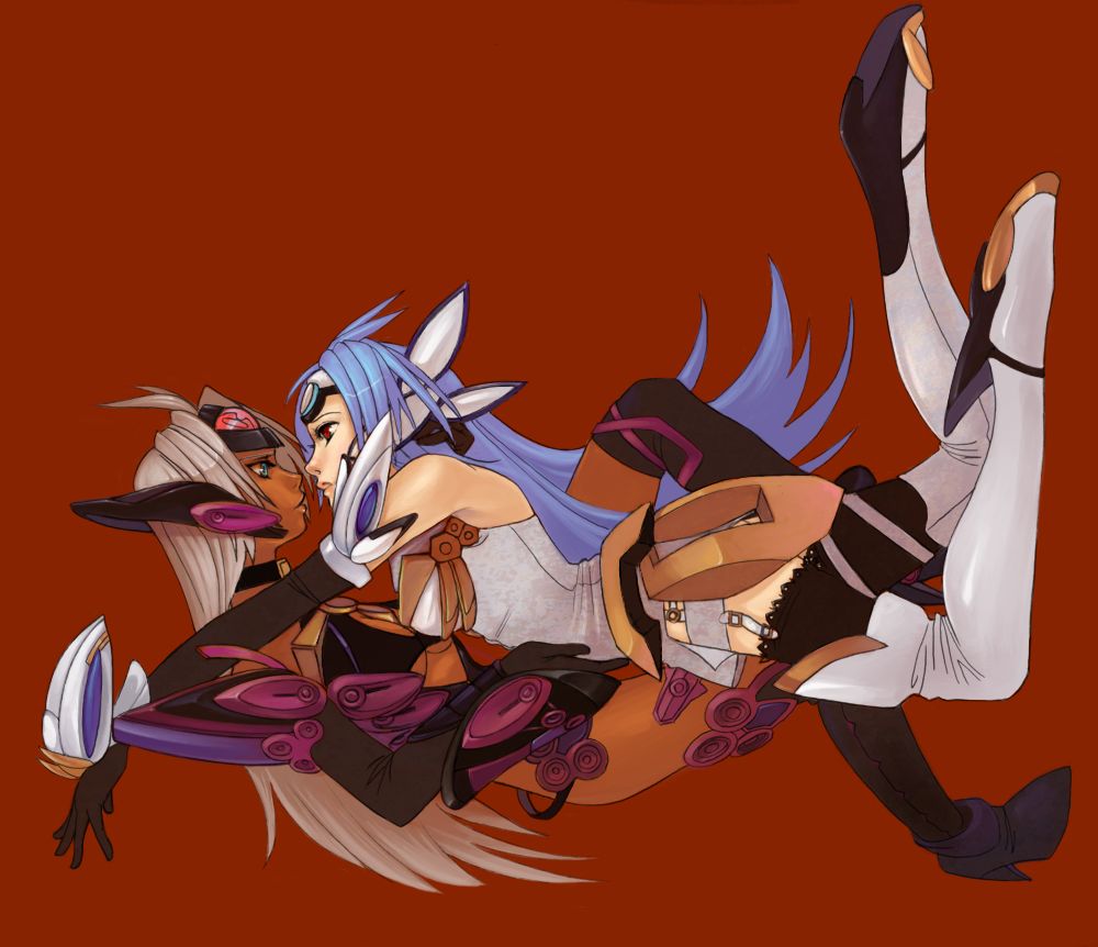 kos-mos, t-elos, xenosaga, xenosaga episode iii, silver hair, non-web source, 00s, android, blue hair, dark-skinned female, dark skin, elbow gloves, gloves, long hair, red eyes, thighhighs, yuri