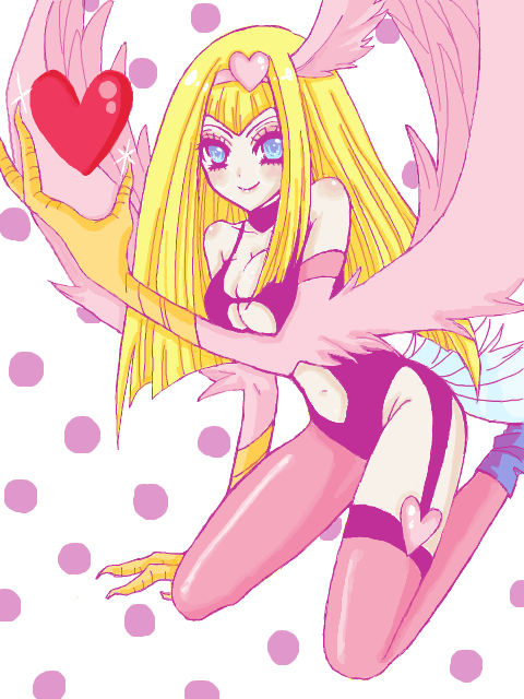 harpie girl (yu-gi-oh!), yu-gi-oh!, yu-gi-oh! duel monsters, non-web source, 1girl, blonde hair, blue eyes, blush, breasts, choker, claws, cleavage, cleavage cutout, clothing cutout, duel monster, elbow gloves, female focus, gloves, hair ornament, hairband, harpy, head wings, heart, heart hair ornament, kneeling, large breasts, long hair, monster, monster girl, pantyhose, single leg pantyhose, smile, solo, tail, thighhighs, winged arms, wings