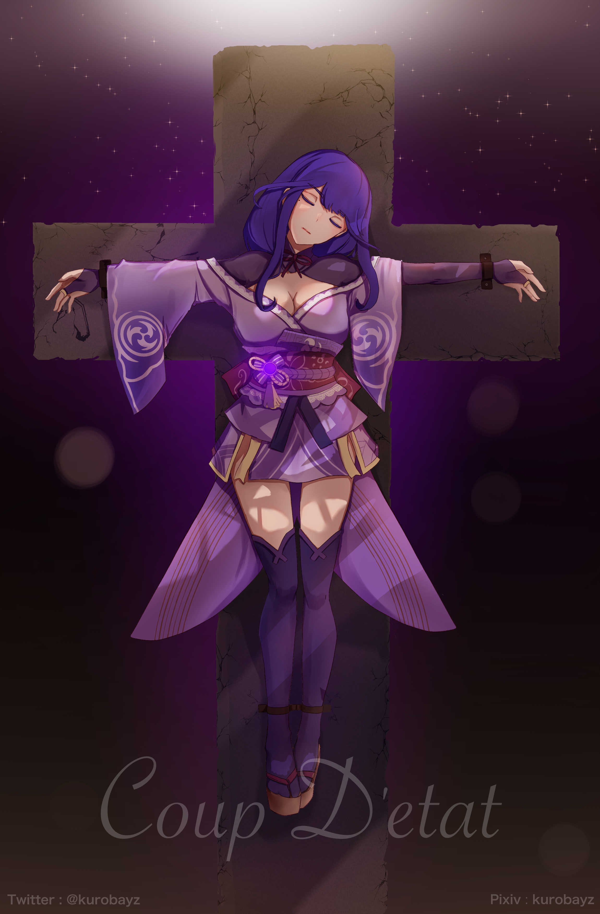 kurobayz, raiden shogun, genshin impact, absurdres, commentary, english commentary, highres, 1girl, ankle cuffs, artist name, bdsm, blunt bangs, bondage, bound, braid, breasts, bridal gauntlets, cleavage, closed eyes, closed mouth, cross, crucifixion, cursive, french text, glowing, gradient hair, head tilt, japanese clothes, kimono, large breasts, light particles, long braid, long hair, mole, mole under eye, multicolored hair, neck ribbon, off shoulder, pixiv username, purple background, purple hair, purple kimono, purple thighhighs, red ribbon, red sash, ribbon, sash, shade, single braid, solo, sunlight, thighhighs, twitter username