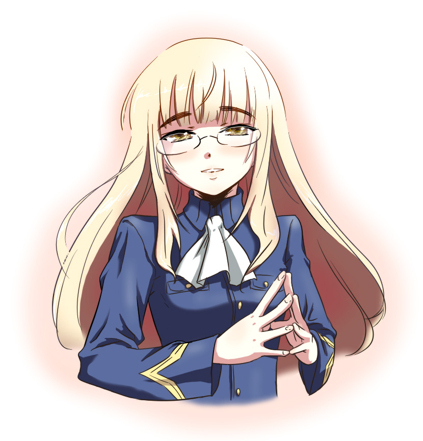 kawaguchi hyoue, perrine h. clostermann, strike witches, world witches series, 00s, 1girl, blonde hair, female focus, glasses, long hair, military, military uniform, smile, solo, steepled fingers, yellow eyes