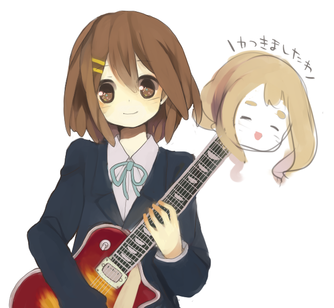 meisa, hirasawa yui, k-on!, 00s, 1girl, brown eyes, brown hair, female focus, guitar, instrument, school uniform, solo