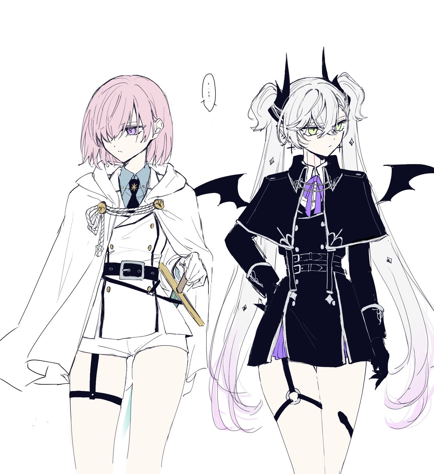 mo (aabx315), lilith (fate), mash kyrielight, fate/grand order, fate (series), highres, 2girls, bat wings, belt, demon horns, expressionless, garter straps, gradient hair, green eyes, horns, long hair, multicolored hair, multiple girls, pink hair, purple eyes, short hair, sword, twintails, weapon, white hair, wings