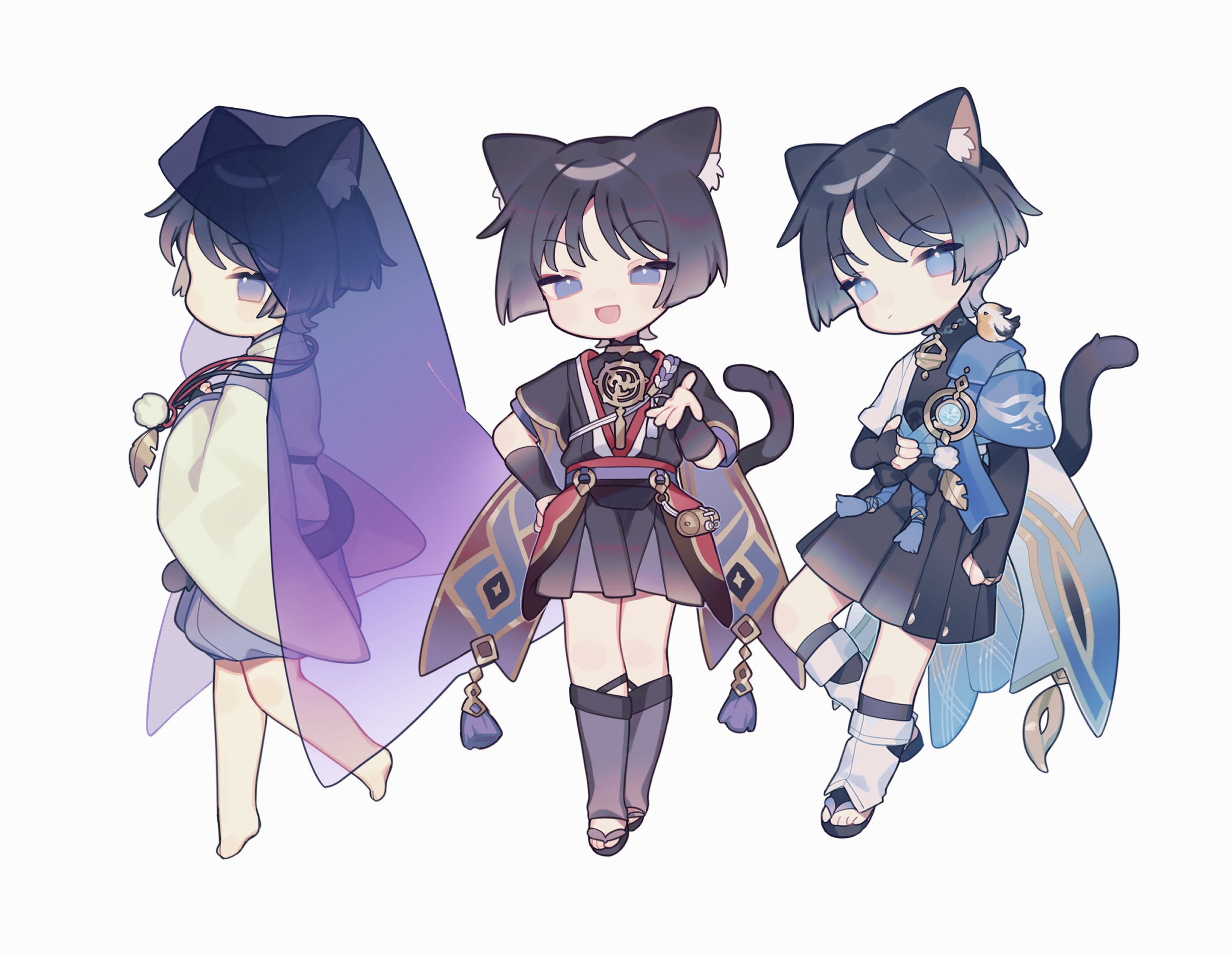 scaramouche (genshin impact), scaramouche (kabukimono) (genshin impact), wanderer (genshin impact), genshin impact, commentary, highres, 3boys, animal, animal ear fluff, animal ears, arm armor, barefoot, belt, bird, black belt, black bow, black eyes, black hair, black sandals, black shirt, black shorts, black vest, blue belt, blue eyes, blue gemstone, blue shorts, blue vest, blunt ends, blush, bow, cat ears, cat tail, chibi, closed mouth, detached sleeves, from side, full body, gem, gold, grey fur, grey socks, grey vest, hair between eyes, half-closed eye, hand on own hip, hand up, jewelry, kemonomimi mode, leaf, leg up, long sleeves, looking at another, looking at viewer, looking down, looking up, male focus, mandarin collar, mitsudomoe (shape), multiple boys, multiple persona, necklace, no headwear, no mouth, official alternate costume, open clothes, open mouth, open vest, orange fur, pom pom (clothes), purple belt, purple eyes, purple shirt, purple socks, red bow, sandals, shirt, short hair, short sleeves, shorts, simple background, sitting, sitting on person, sleeveless, sleeveless shirt, smile, smug, socks, standing, standing on one leg, tail, tokareta tamago, tomoe (symbol), tongue, two-tone fur, two-tone vest, v-shaped eyebrows, veil, vest, vision (genshin impact), white background, white vest, wide sleeves, wings