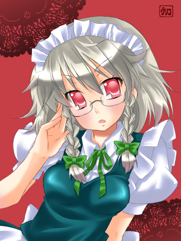 pengin guriko, s inupen, izayoi sakuya, touhou, silver hair, bad id, bad pixiv id, 1girl, adjusting eyewear, bespectacled, braid, female focus, glasses, red eyes, short hair, solo, twin braids