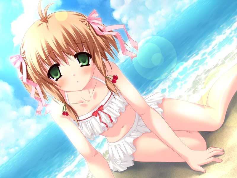 beach, blush, brown hair, cherry, flat chest, food, fruit, green eyes, hair ribbon, navel, ribbon, short hair, sitting, thighhighs