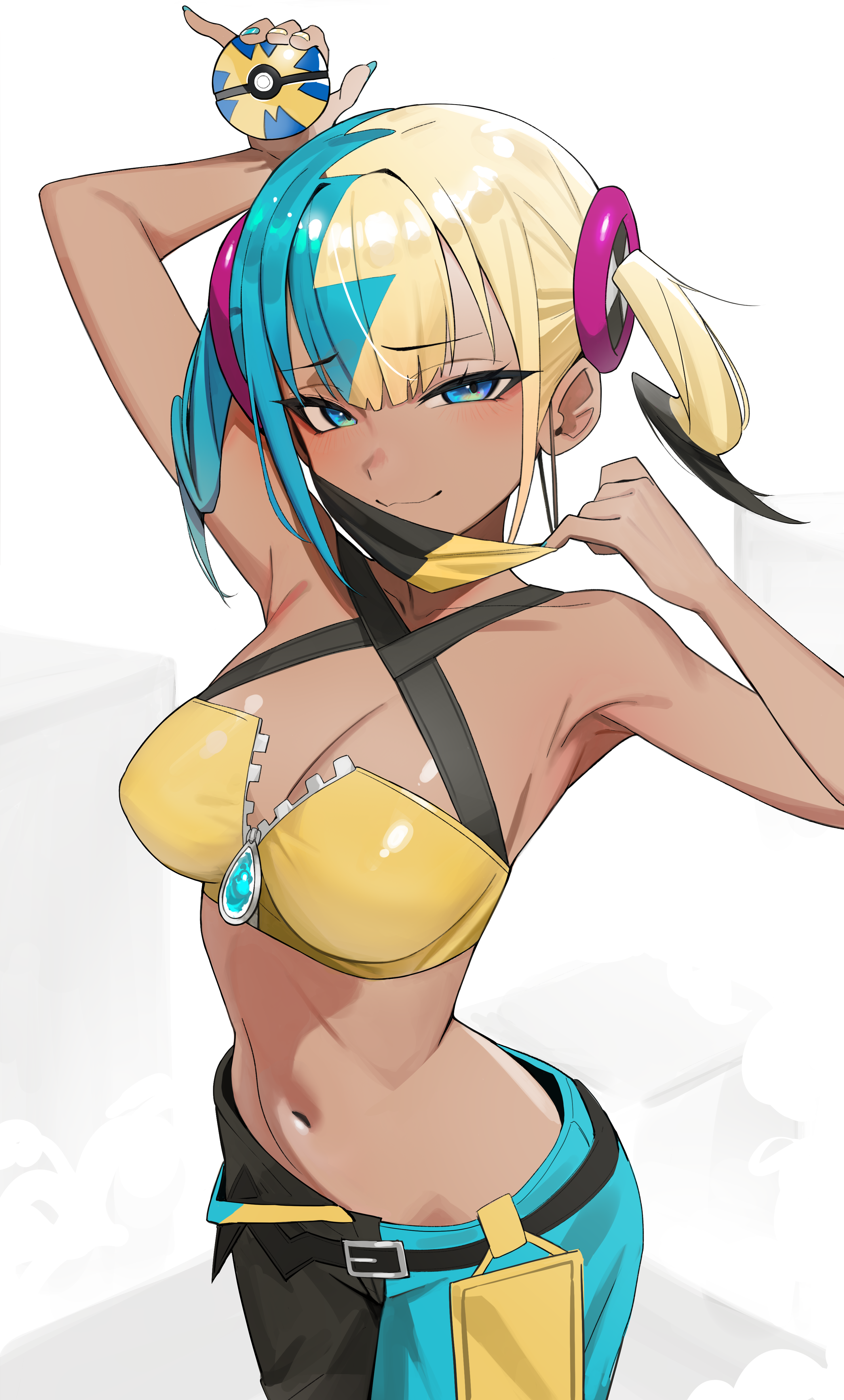 kiritzugu, canari (pokemon), nintendo, pokemon, pokemon legends: z-a, absurdres, commentary, english commentary, highres, 1girl, aqua hair, armpits, arms up, bare shoulders, black mask, blonde hair, blue eyes, blush, breasts, center-flap bangs, cleavage, closed mouth, collarbone, criss-cross straps, holding, holding poke ball, large breasts, looking at viewer, mask, mask pull, multicolored hair, navel, pants, partially unzipped, poke ball, quick ball, short twintails, smile, solo, split-color hair, sports bra, twintails, two-tone hair, two-tone mask, yellow mask, yellow sports bra