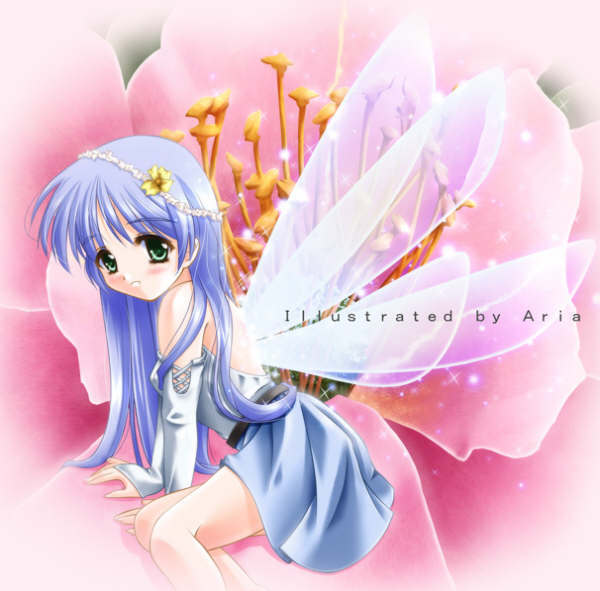 miyase mahiro, character request, source request, blue hair, blush, elbow gloves, fairy, flower, glitter, gloves, green eyes, long hair, mini person, minigirl, sitting