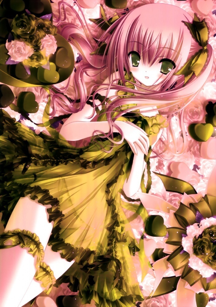 1girl, blush, bow, candy, chocolate, chocolate heart, female focus, food, green eyes, hair bow, heart, long hair, lying, pink hair, solo, thighhighs