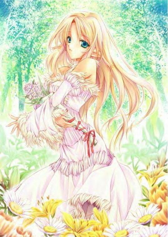 blonde hair, blue eyes, bouquet, dress, flower, long hair, pointy ears, white dress