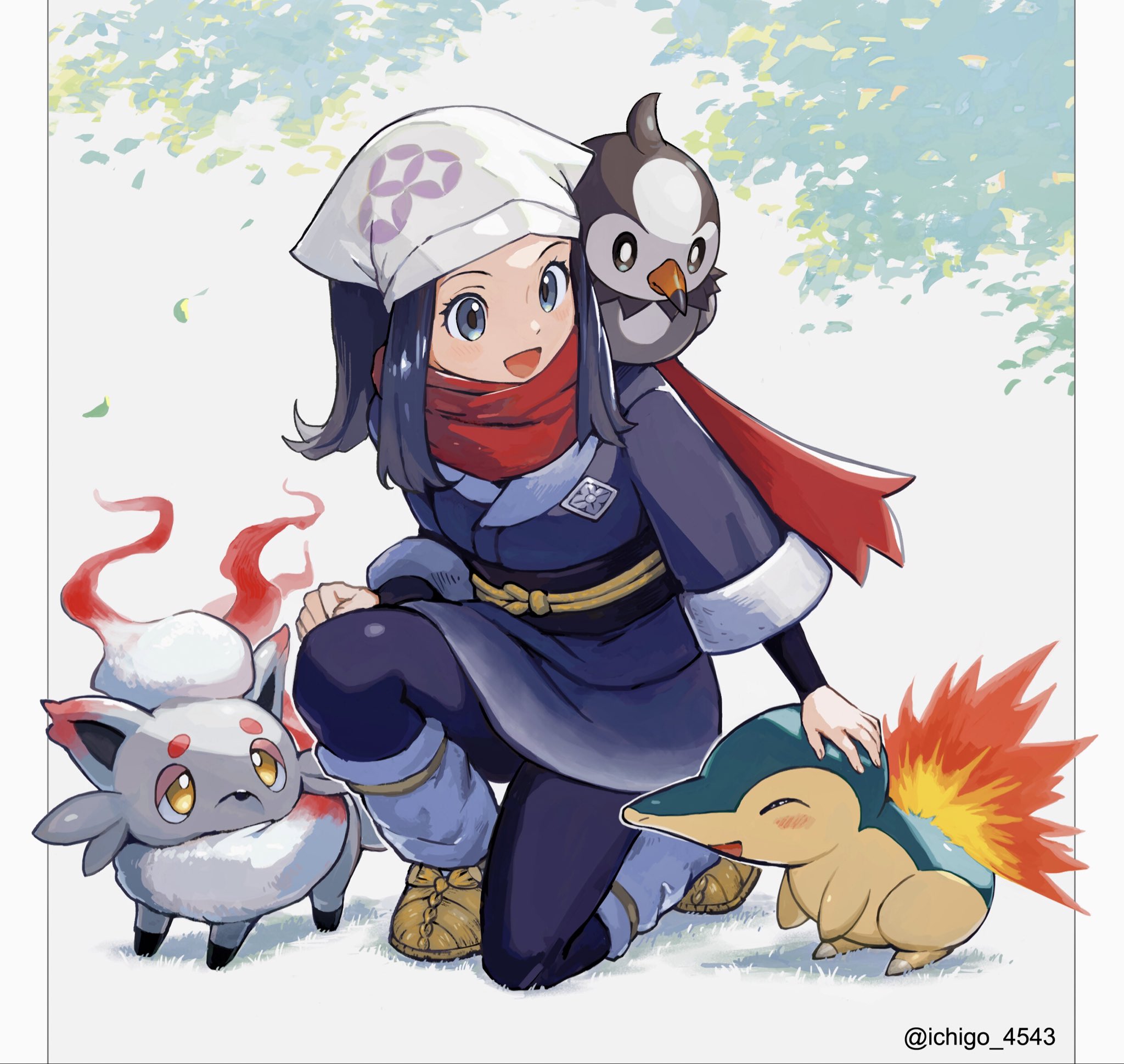 no ichigo, akari (pokemon), cyndaquil, hisuian zorua, starly, nintendo, pokemon, pokemon legends: arceus, highres, 1girl, beak, bird, black hair, black pantyhose, black sash, blush, closed eyes, closed mouth, eyelashes, fire, full body, galaxy expedition team survey corps uniform, gen 2 pokemon, gen 4 pokemon, grey eyes, headscarf, jacket, long hair, loose socks, on head, open mouth, pantyhose, pokemon (creature), pokemon on head, ponytail, red fur, red scarf, sash, scarf, shirt, shoes, sidelocks, smile, socks, white headscarf, wings, yellow eyes