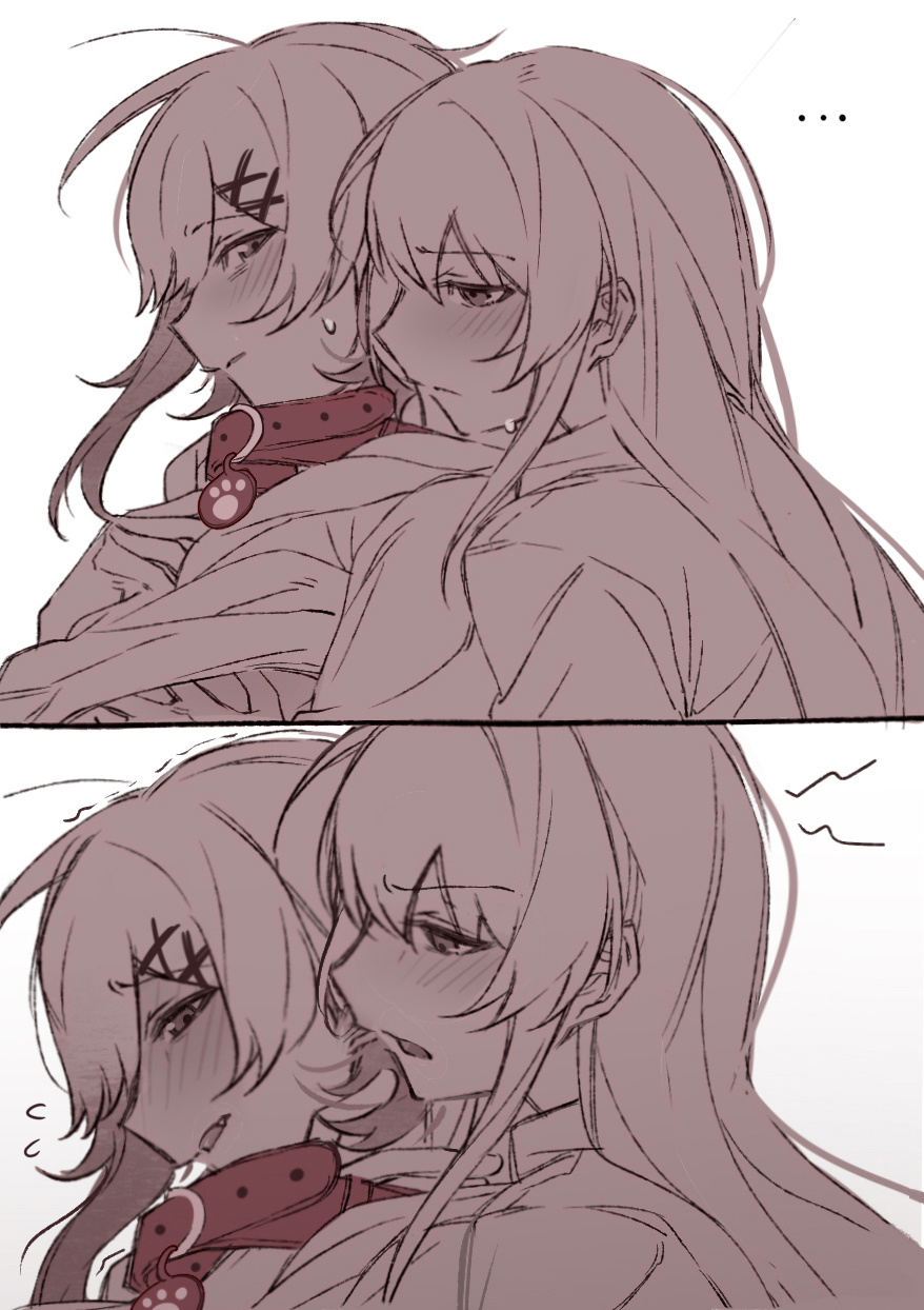 heihuamu1, nikaido hiro, sakuraba ema, mahou shoujo no majo saiban, highres, blush, closed mouth, clothes lift, collar, flying sweatdrops, grabbing another's breast, grabbing from behind, groping, long hair, monochrome, shirt lift, tongue, upper body, yuri