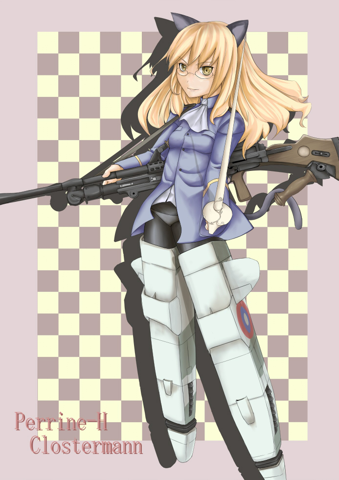 mocco (mocco san1), spacemocco))), perrine h. clostermann, strike witches, world witches series, uniform, bad id, bad pixiv id, 00s, 1girl, animal ears, blonde hair, bren lmg, female focus, glasses, gun, light machine gun, long hair, machine gun, panties, panties under pantyhose, pantyhose, solo, striker unit, sword, tail, underwear, weapon, yellow eyes