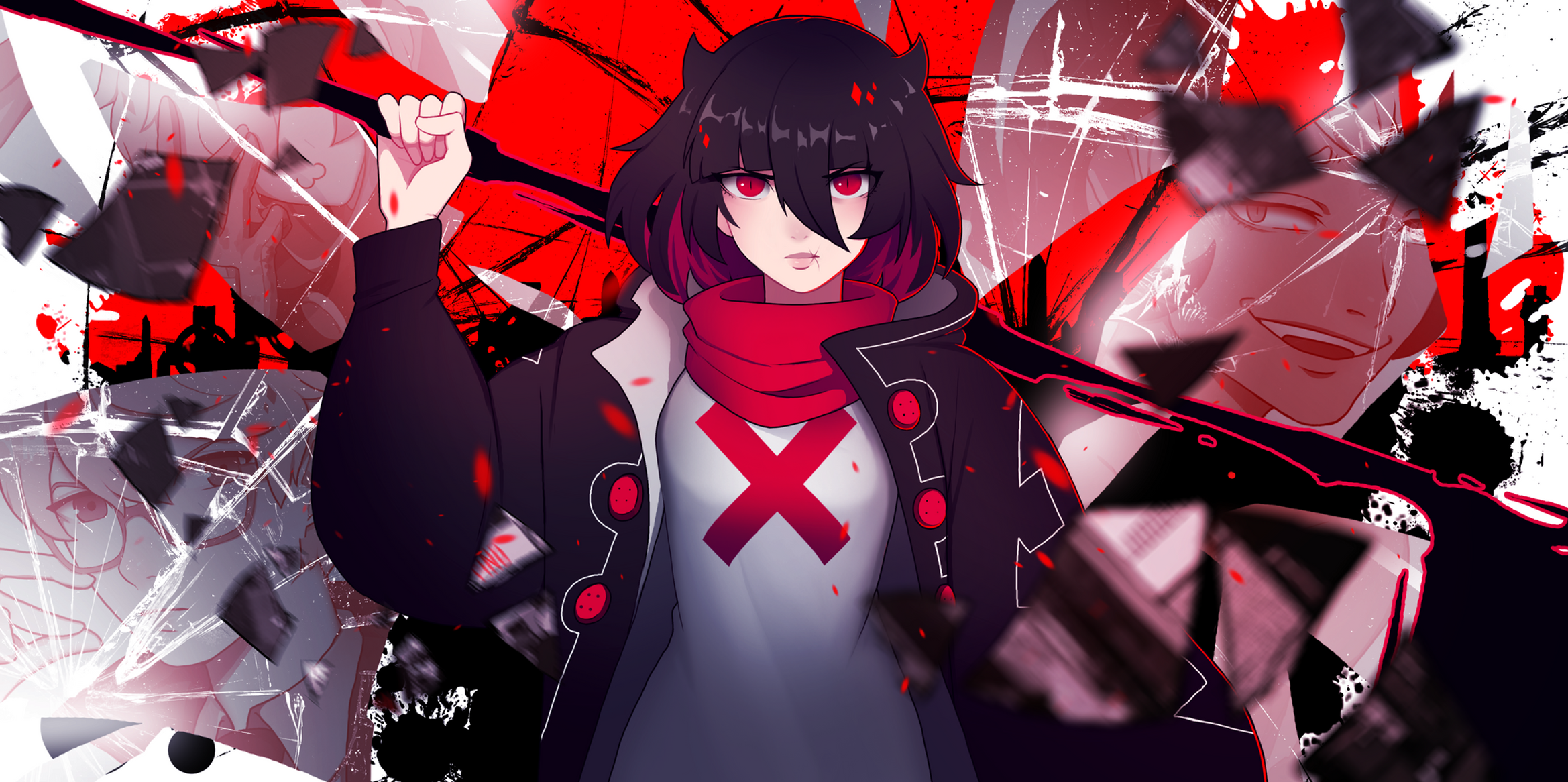 graveweaver, chase (i'm the grim reaper), scarlet (i'm the grim reaper), i'm the grim reaper, highres, official art, 1girl, black hair, black jacket, blood, blood splatter, blurry, blurry foreground, bob cut, broken glass, colored inner hair, demon horns, depth of field, expressionless, flying paper, glass, hair between eyes, hair horns, hand up, holding, holding scythe, horns, jacket, looking at viewer, lucifer (i'm the grim reaper), motion blur, multicolored hair, open clothes, open jacket, over shoulder, paper, red eyes, red scarf, scarf, scythe, shirt, short hair, solo, solo focus, upper body, weapon, weapon over shoulder, white shirt, x (symbol)