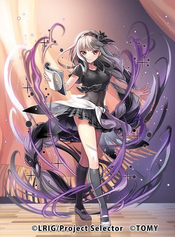 chachie, alfou (wixoss), wixoss, official art, 1girl, aura, black hair, black hairband, black skirt, black socks, book, braid, breasts, closed mouth, clothes around waist, copyright notice, covered navel, crossed legs, dark aura, grey hair, hairband, holding, holding book, indoors, kneehighs, large breasts, long hair, multicolored hair, red eyes, shoes, single braid, skirt, smile, socks, solo, uwabaki, very long hair, white shoes