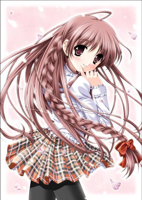 blush, braid, brown eyes, brown hair, hair ribbon, long hair, ribbon, skirt, smile