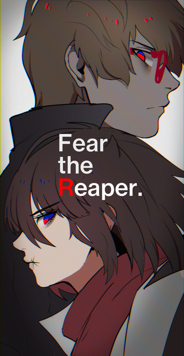 graveweaver, chase (i'm the grim reaper), scarlet (i'm the grim reaper), i'm the grim reaper, official art, 1boy, 1girl, black coat, black hair, blonde hair, blue eyes, bob cut, coat, english text, from side, glasses, looking back, open clothes, open coat, popped collar, red eyes, red scarf, scar, scar on face, scar on mouth, scarf, serious, short hair, upper body