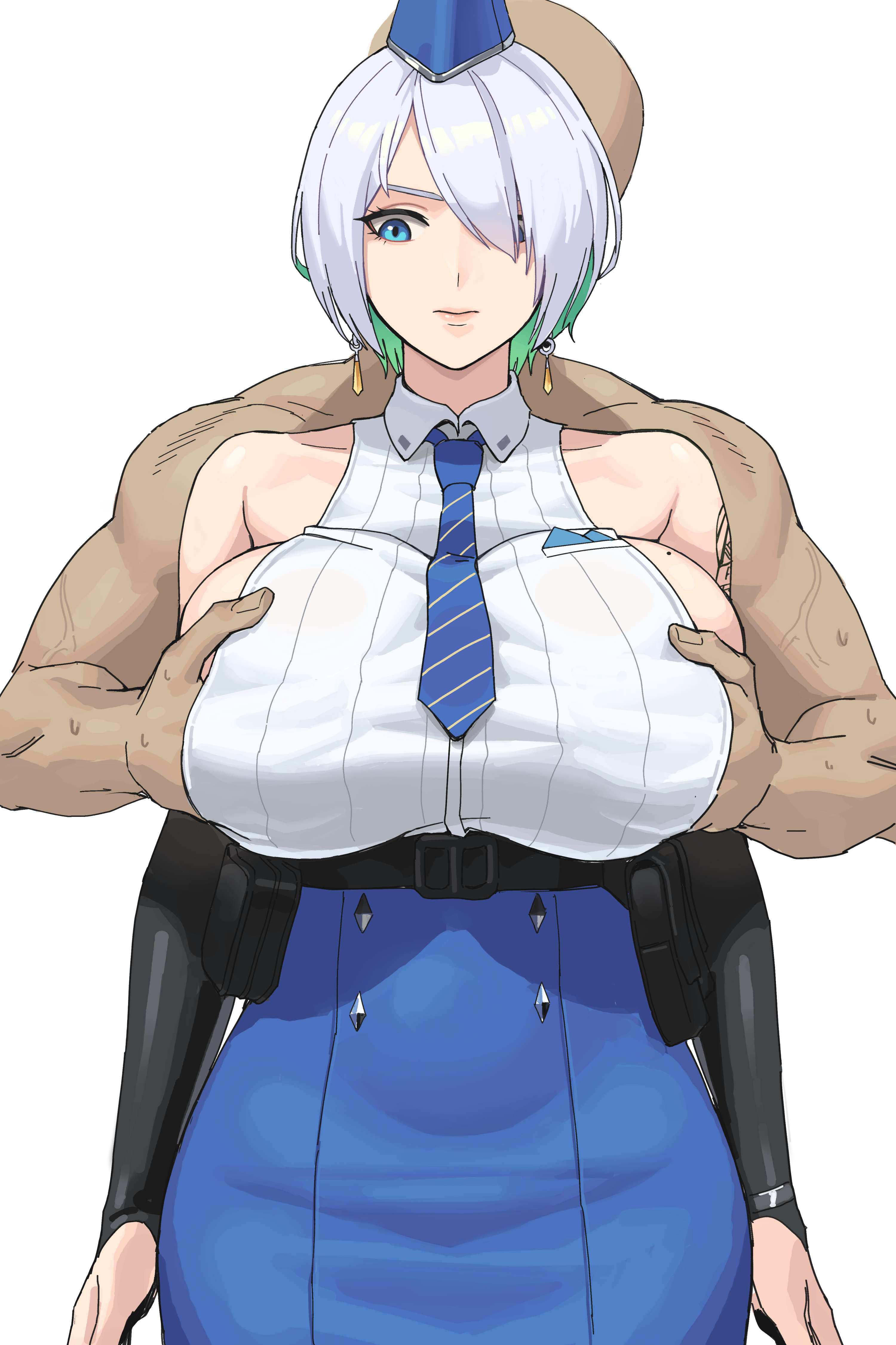 ksksksa, brid (nikke), goddess of victory: nikke, absurdres, highres, 1boy, 1girl, black gloves, blue eyes, blue hat, blue necktie, blue skirt, breasts, bridal gauntlets, colored inner hair, earrings, fingerless gloves, gloves, grabbing another's breast, grabbing from behind, green hair, grey hair, groping, hair over one eye, hat, jewelry, large breasts, looking down, mole, mole on breast, multicolored hair, necktie, shirt, short hair, sideboob, skirt, white shirt
