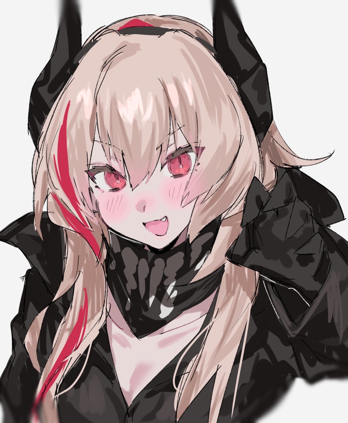 aogisa, gold ship (red strife) (umamusume), gold ship (umamusume), m4 sopmod ii (girls' frontline), girls' frontline, commentary request, highres, 1girl, :d, black horns, black jacket, blonde hair, blush, breasts, claw pose, cleavage, collarbone, dot nose, fang, hair between eyes, hand up, horns, jacket, long hair, long sleeves, looking at viewer, mechanical hands, multicolored hair, open mouth, red eyes, simple background, small breasts, smile, solo, streaked hair, upper body, white background