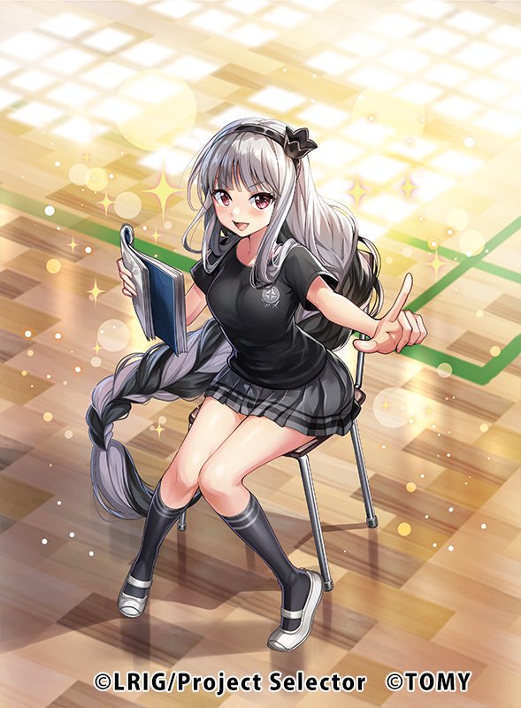 chachie, alfou (wixoss), wixoss, official art, 1girl, black hair, black hairband, black shirt, black skirt, black socks, braid, breasts, chair, copyright notice, from above, grey hair, hairband, kneehighs, long hair, looking at viewer, multicolored hair, on chair, open mouth, pointing, print shirt, red eyes, shirt, shoes, short sleeves, single braid, sitting, skirt, socks, solo, sparkle, uwabaki, very long hair, white shoes