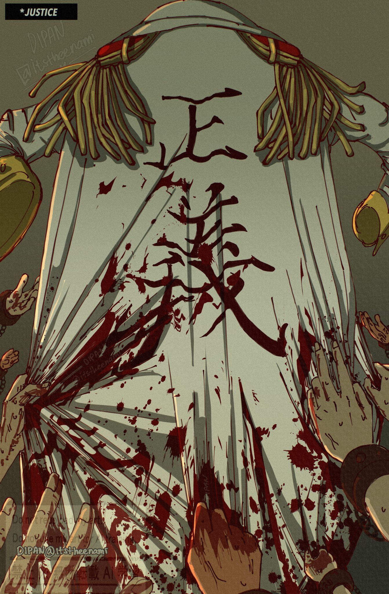 itstheenami, one piece, highres, blood, blood on clothes, blood on hands, blood stain, clothes focus, coat, cuffs, disembodied hand, english text, epaulettes, handcuffs, marine uniform (one piece), small sweatdrop, symbolism, twitter username, white coat