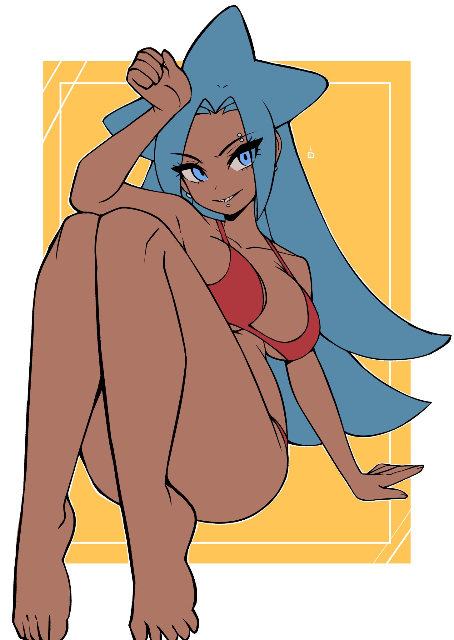 oninuer, original, commentary, english commentary, highres, 1girl, bikini, blue eyes, blue hair, border, breasts, dark-skinned female, dark skin, eyebrow piercing, face piercing, feet, flat color, full body, hand up, knees up, labret piercing, large breasts, legs, long hair, looking at viewer, outside border, parted lips, piercing, red bikini, shaaku (oninuer), sketch, smile, solo, swimsuit, toes, white border, yellow background
