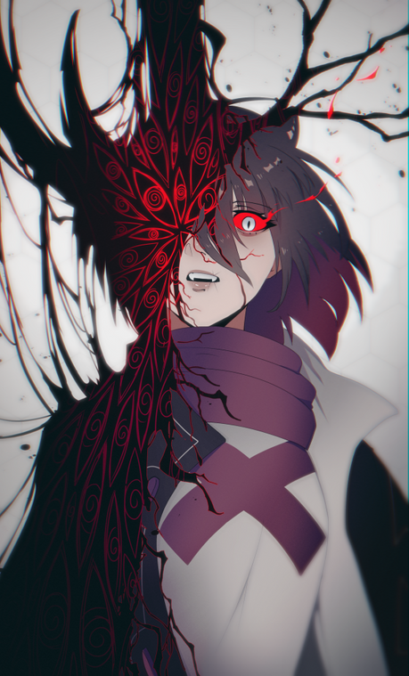 graveweaver, scarlet (i'm the grim reaper), i'm the grim reaper, official art, 1girl, black hair, black jacket, bob cut, colored inner hair, colored sclera, colored veins, corruption, cowboy shot, demon horns, fangs, growing out of body, hair between eyes, horns, jacket, looking at viewer, multicolored hair, one eye covered, open clothes, open jacket, open mouth, red scarf, red sclera, scarf, shirt, short hair, single horn, solo, tendril, too many eyes, white eyes, white shirt, x (symbol)