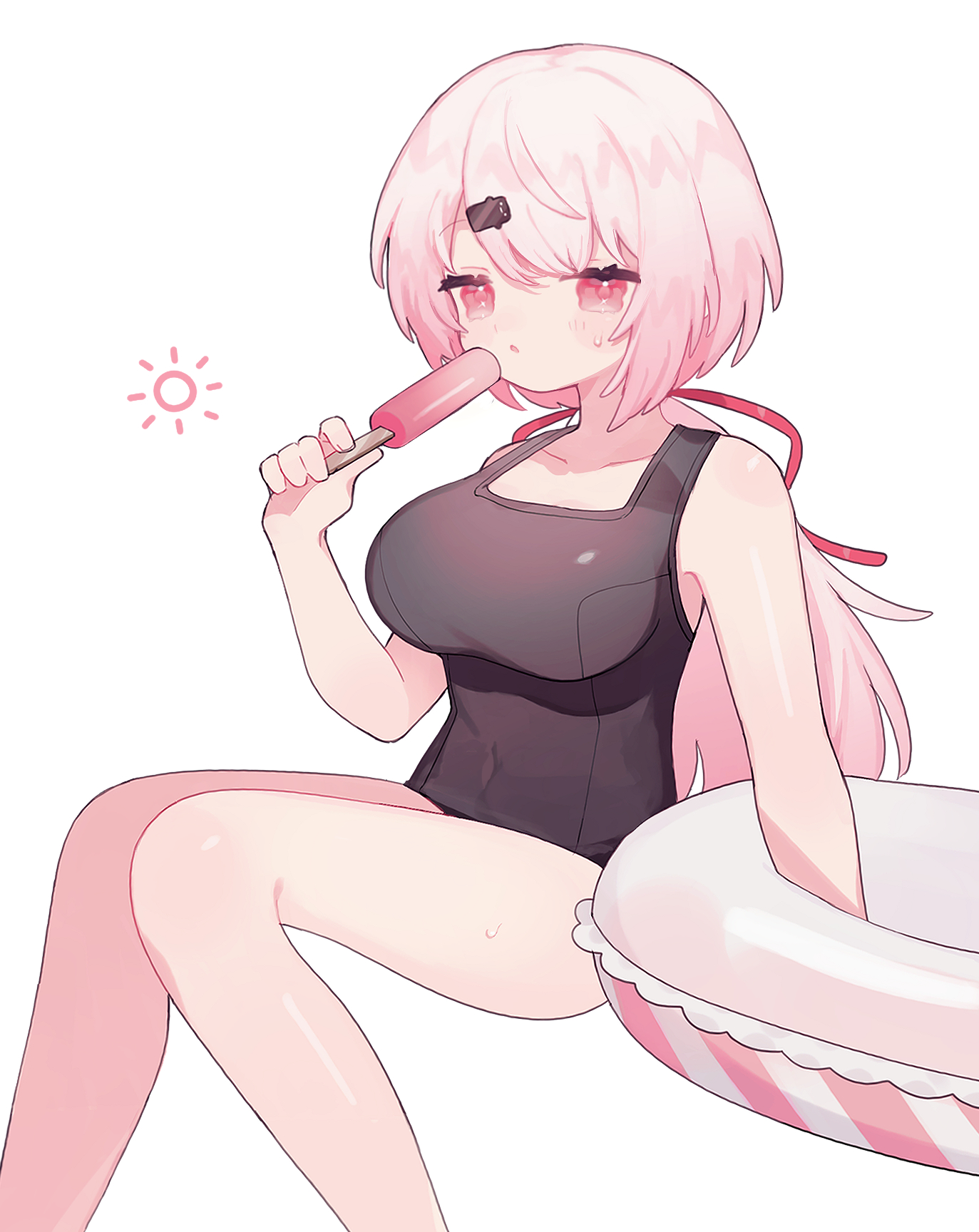 shiina yuika, nijisanji, commentary, highres, 1girl, black one-piece swimsuit, blush stickers, breasts, covered navel, feet out of frame, food, hair ribbon, holding, holding food, holding popsicle, innertube, invisible chair, large breasts, long hair, low ponytail, one-piece swimsuit, open mouth, pink hair, ponytail, popsicle, red eyes, red ribbon, ribbon, simple background, sitting, solo, sweat, swim ring, swimsuit, tokareta tamago, virtual youtuber, white background
