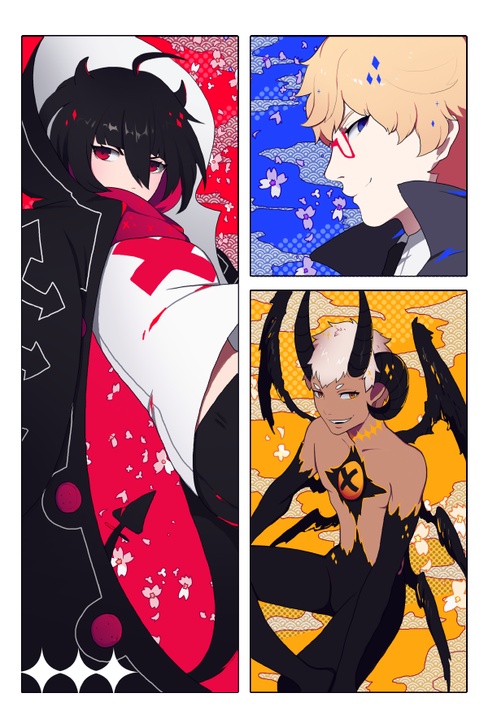 graveweaver, chase (i'm the grim reaper), scarlet (i'm the grim reaper), i'm the grim reaper, official art, 1girl, 2boys, ahoge, arrow print, black hair, black jacket, black wings, blonde hair, bob cut, border, demon horns, demon tail, feathered wings, feet out of frame, glasses, gradient skin, grin, hair between eyes, hair horns, hood, hood up, horns, jacket, lucifer (i'm the grim reaper), midriff, mini wings, multiple boys, multiple wings, no shirt, open clothes, open jacket, popped collar, red eyes, red scarf, scarf, sheep horns, shirt, short hair, smile, stitched neck, stitches, symbol-shaped pupils, tail, third eye on chest, white border, white hair, white shirt, wings, x-shaped pupils, x (symbol)