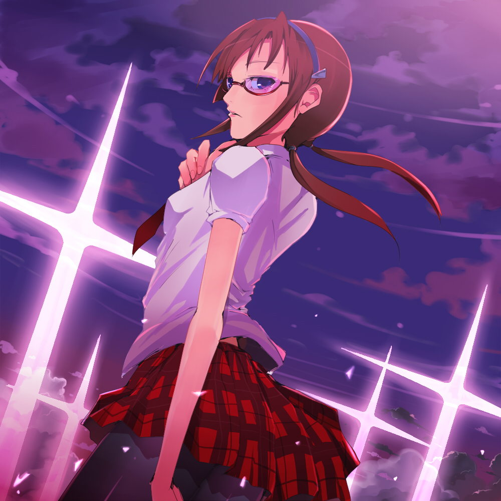 kasai shin, makinami mari illustrious, evangelion: 2.0 you can (not) advance, neon genesis evangelion, rebuild of evangelion, 00s, 1girl, blue eyes, brown hair, cloud, cross, female focus, glasses, headband, necktie, outdoors, pantyhose, plaid clothes, plaid skirt, school uniform, skirt, sky, solo, twintails