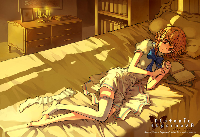tiv, archived source, bad link, 1boy, 1girl, 2005, artist name, bedroom, blue bow, blue bowtie, book, bookshelf, bow, bowtie, braid, braided bun, braided sidelocks, breasts, brown eyes, brown hair, candle, candlelight, candlestand, chest of drawers, copyright name, copyright notice, dated, dress, english text, etolie granche, hair bun, hair tie, high collar, indoors, lying, medium breasts, on bed, on side, open book, open mouth, picture frame, pillow, platonic supernova, popped collar, puffy short sleeves, puffy sleeves, shelf, short dress, short sleeves, silhouette, single thighhigh, skinny, sleeve cuffs, sunlight, thighhighs, unworn thighhighs, very low bun, warm colored, white dress, yellow theme