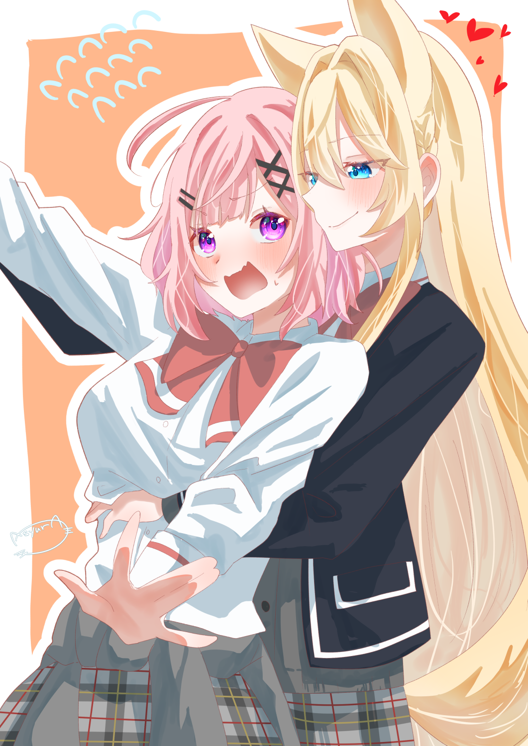 amaori renako, ouzuka mai, watashi ga koibito ni nareru wake naijan murimuri!, commentary request, highres, 2girls, asyuraillust, black jacket, blazer, blonde hair, blue eyes, bow, bowtie, closed mouth, flying sweatdrops, grey skirt, heart, hug, hug from behind, jacket, long hair, long sleeves, medium hair, multiple girls, orange background, outline, pink hair, plaid clothes, plaid skirt, pleated skirt, purple eyes, red bow, red bowtie, shirt, skirt, smile, white outline, white shirt, yuri