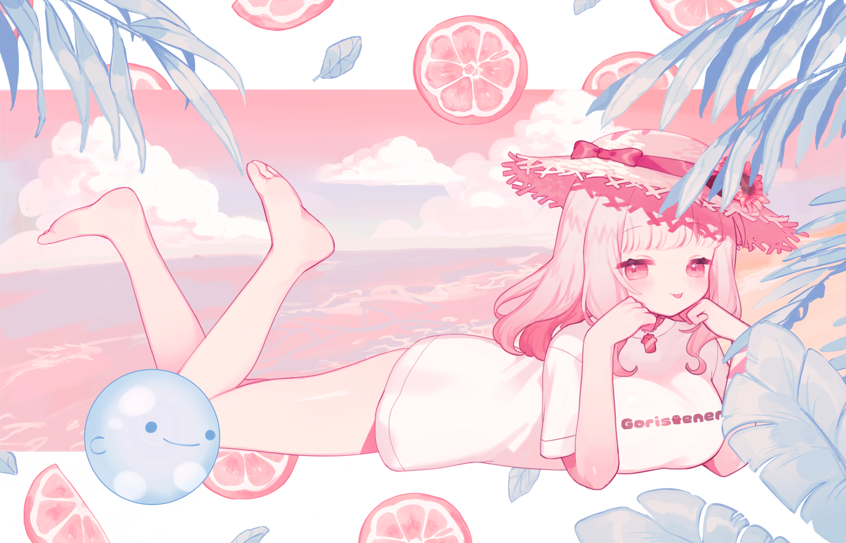 shiina yuika, nijisanji, commentary, highres, 1girl, bare legs, barefoot, blush, bow, breasts, brown hat, closed mouth, full body, hat, hat bow, head rest, large breasts, legs up, long hair, looking at viewer, lying, no pants, on stomach, pink hair, red bow, red eyes, shirt, solo, straw hat, sun hat, the pose, tokareta tamago, virtual youtuber, white shirt